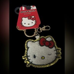 Sanrio Hello Kitty White Plush Keychain with Red Bow and Gold Trim